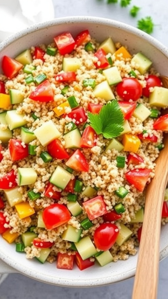 A vibrant quinoa salad with cucumbers, tomatoes, bell peppers, and parsley in a bowl.